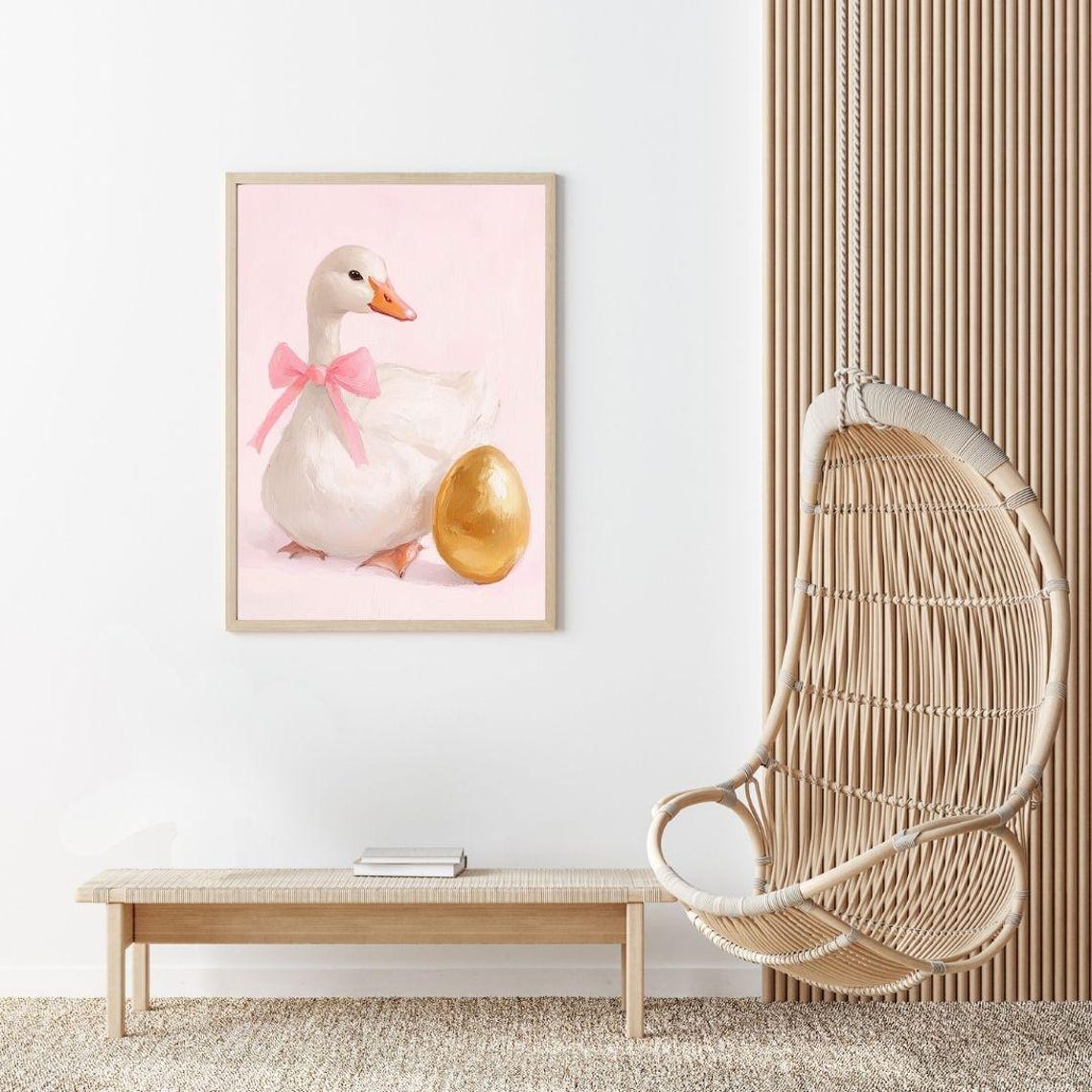 White Goose with Pink Bow and Golden Egg Easter Painting Poster - Image 2