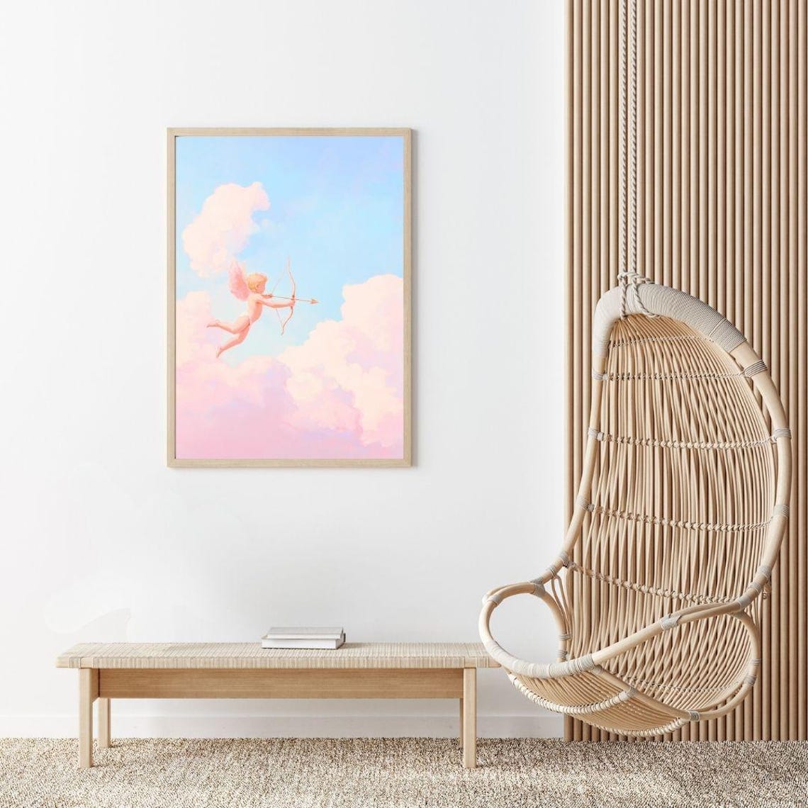 Cupid Cherub With Bow And Arrow In Pastel Pink Clouds Poster - Image 2