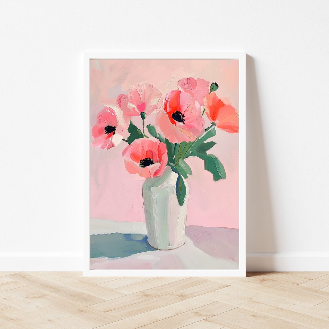 Pink Poppy Bouquet in White Vase Bold Floral Painting Poster - Image 3