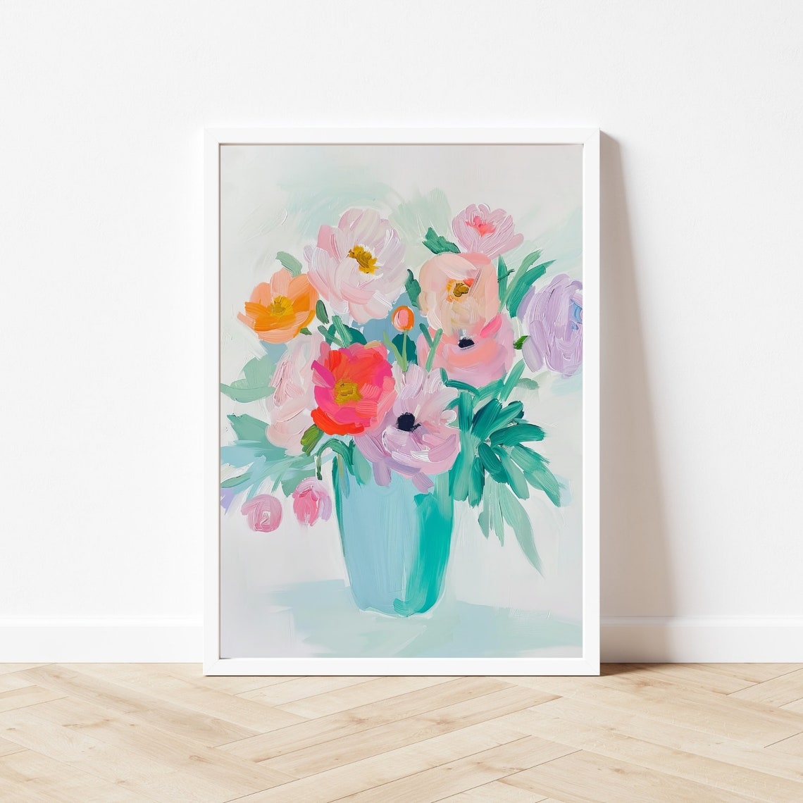 Colorful Mixed Flower Bouquet In A Pastel Teal Vase Art Poster - Image 3