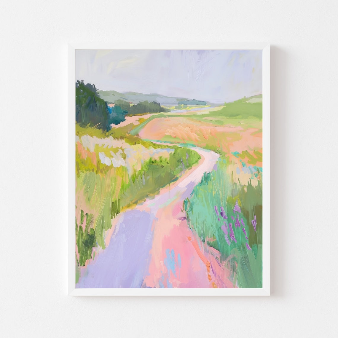 Colorful Abstract Landscape Painting Pastel Field Wall Art Print Pink Country River Impressionist Scenery