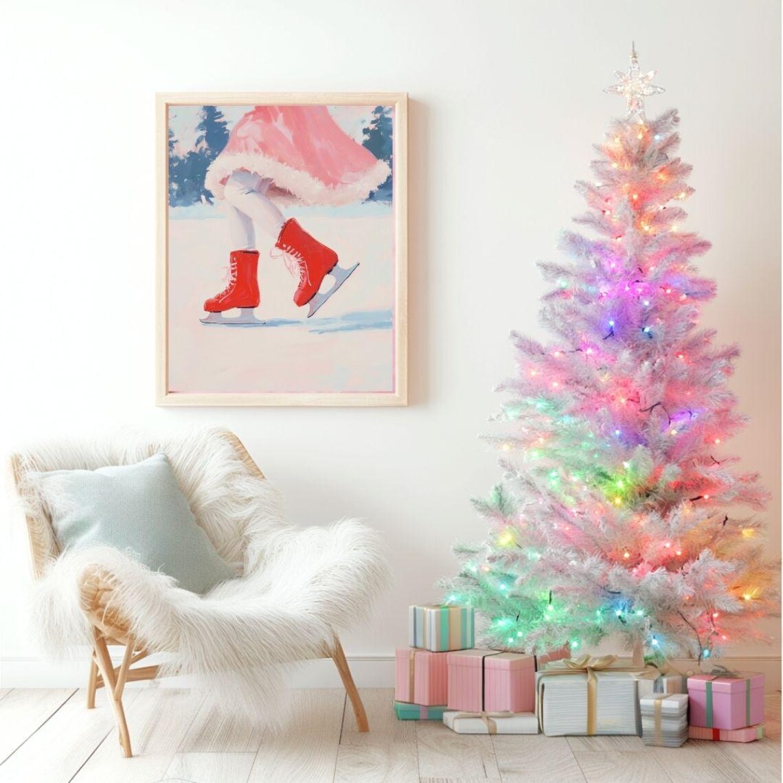 Girl Ice Skating Pink Christmas Red Skates Art Print - Image 2