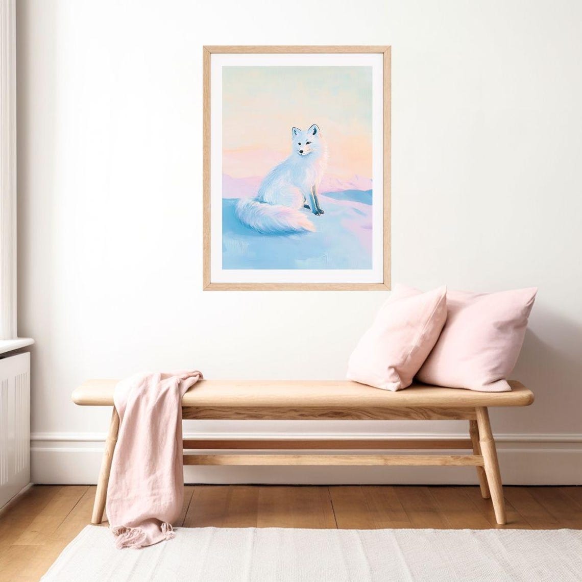 White Arctic Fox Sitting in Snow at Pastel Winter Sunset Poster - Image 2