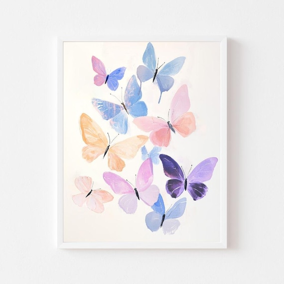 Pastel Butterflies Watercolor Art Print, Girls Room