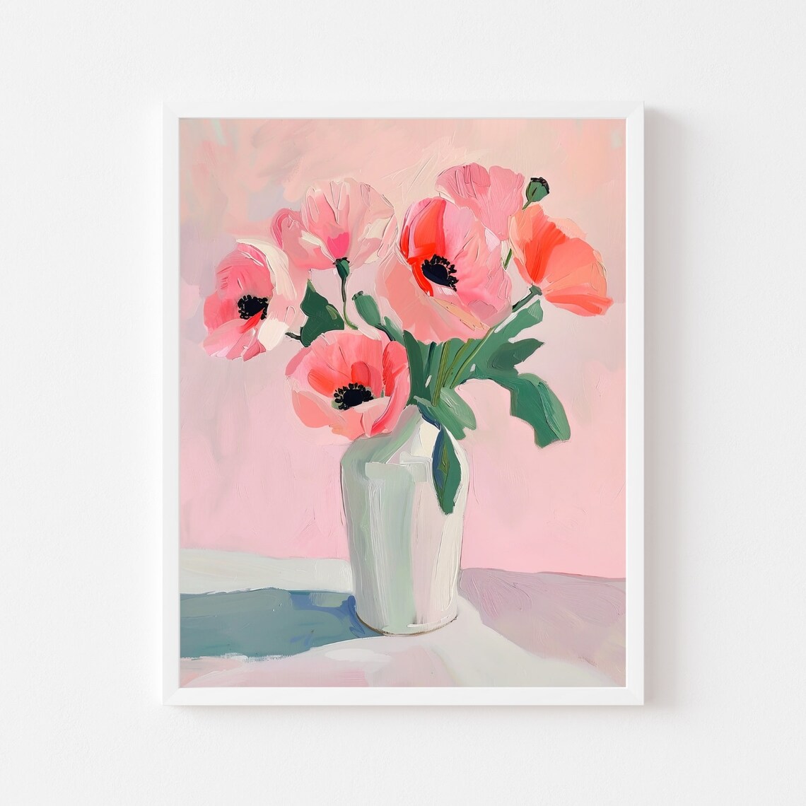 Pink Poppy Bouquet in White Vase Bold Floral Painting Poster