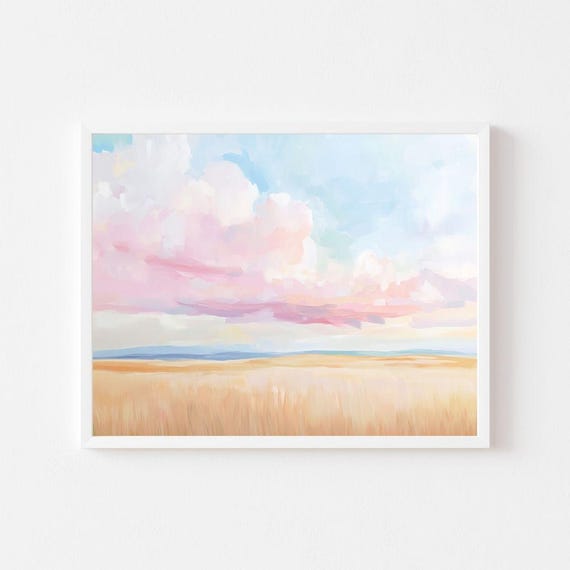 Pastel Prairie Landscape Painting Colorful Field Sunset Wall Art Print Preppy Country Scenery Spring Summer