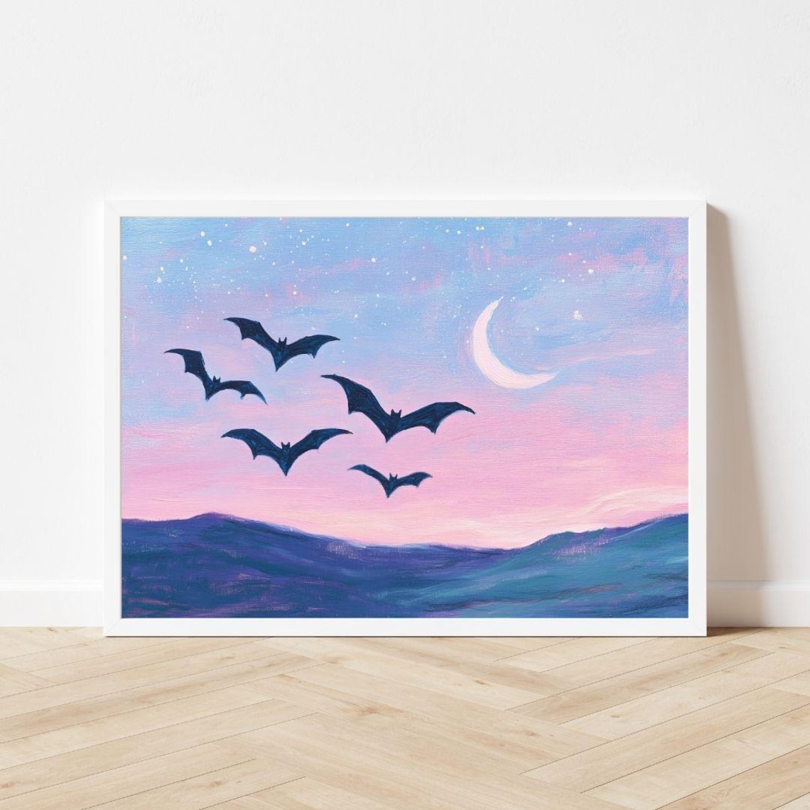 Bats Flying at Night, Pastel Halloween Wall Art Print - Image 3
