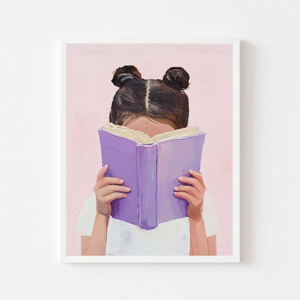 Brunette Girl Reading Purple Book, Pastel Art Print