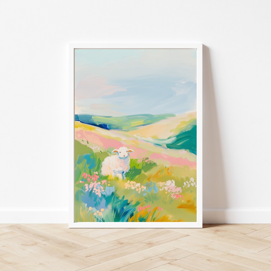 Colorful Easter Lamb Meadow Art Print, Nursery Decor - Image 2