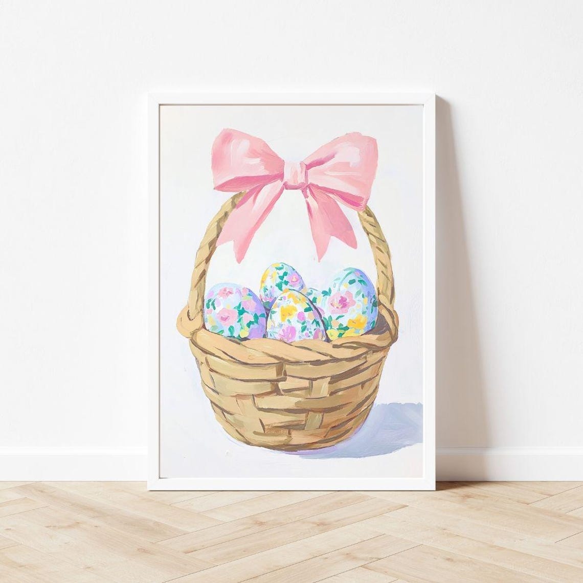 Easter Basket with Pink Bow Filled with Floral Eggs Painting Poster - Image 3
