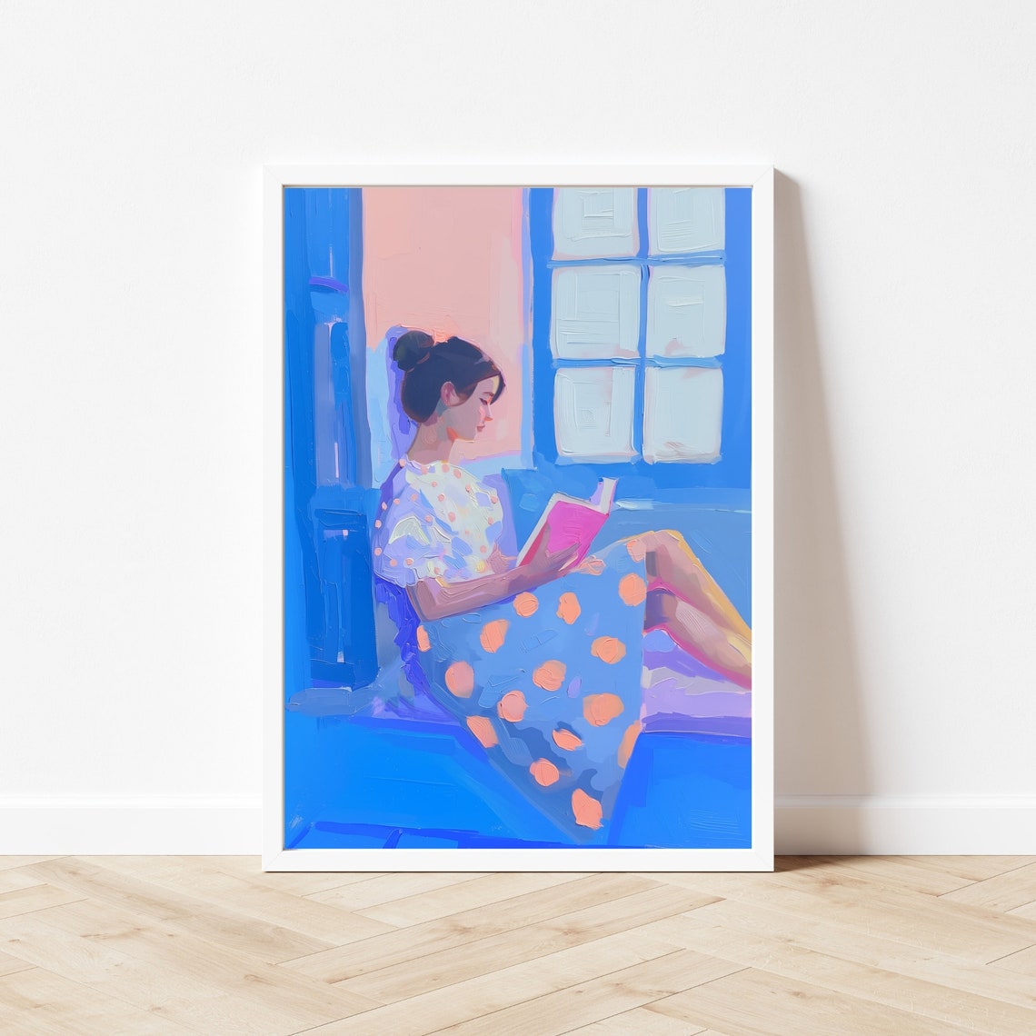 Woman Reading a Book by the Window in Blue Room Painting Poster - Image 3