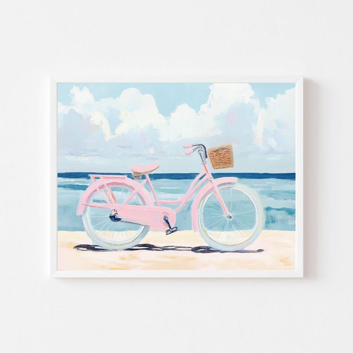 Pink Beach Cruiser Bike with Wicker Basket Ocean Summer Poster