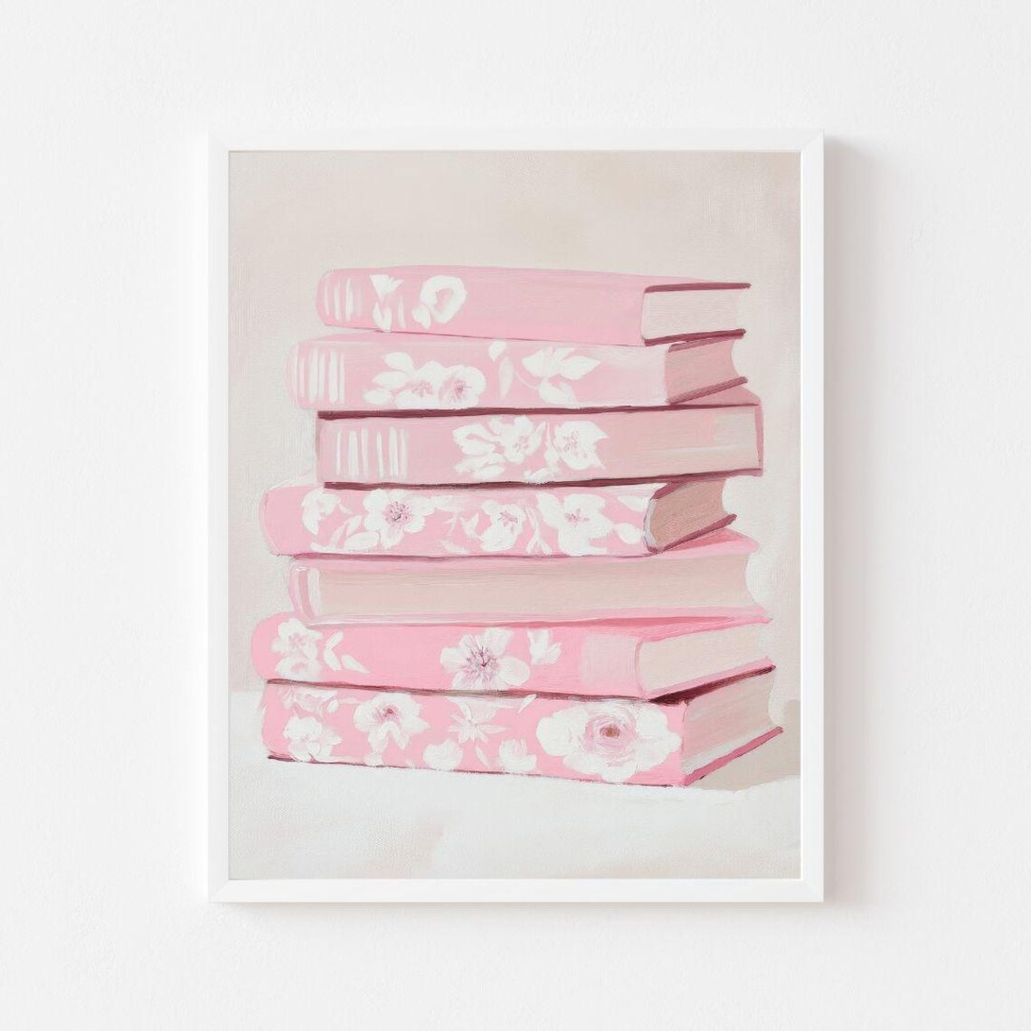 Stack Of Pink Floral Books Pastel Painting Reading Nook Wall Poster