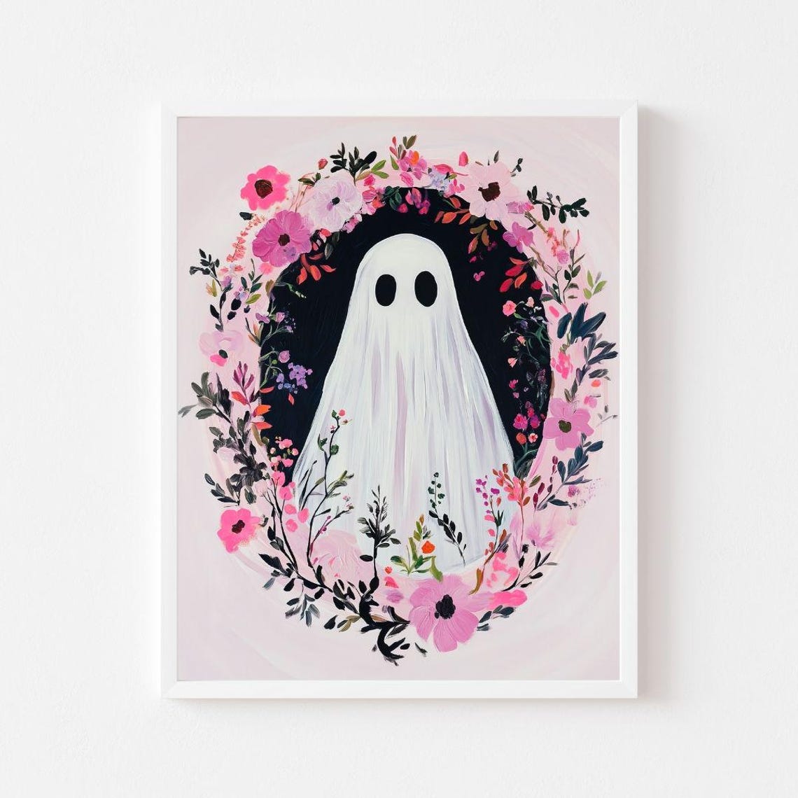 Cute Ghost Inside A Pink Floral Wreath Halloween Portrait Poster