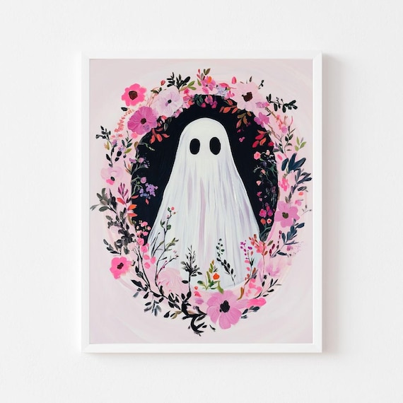 Cute Ghost Inside A Pink Floral Wreath Halloween Portrait Poster