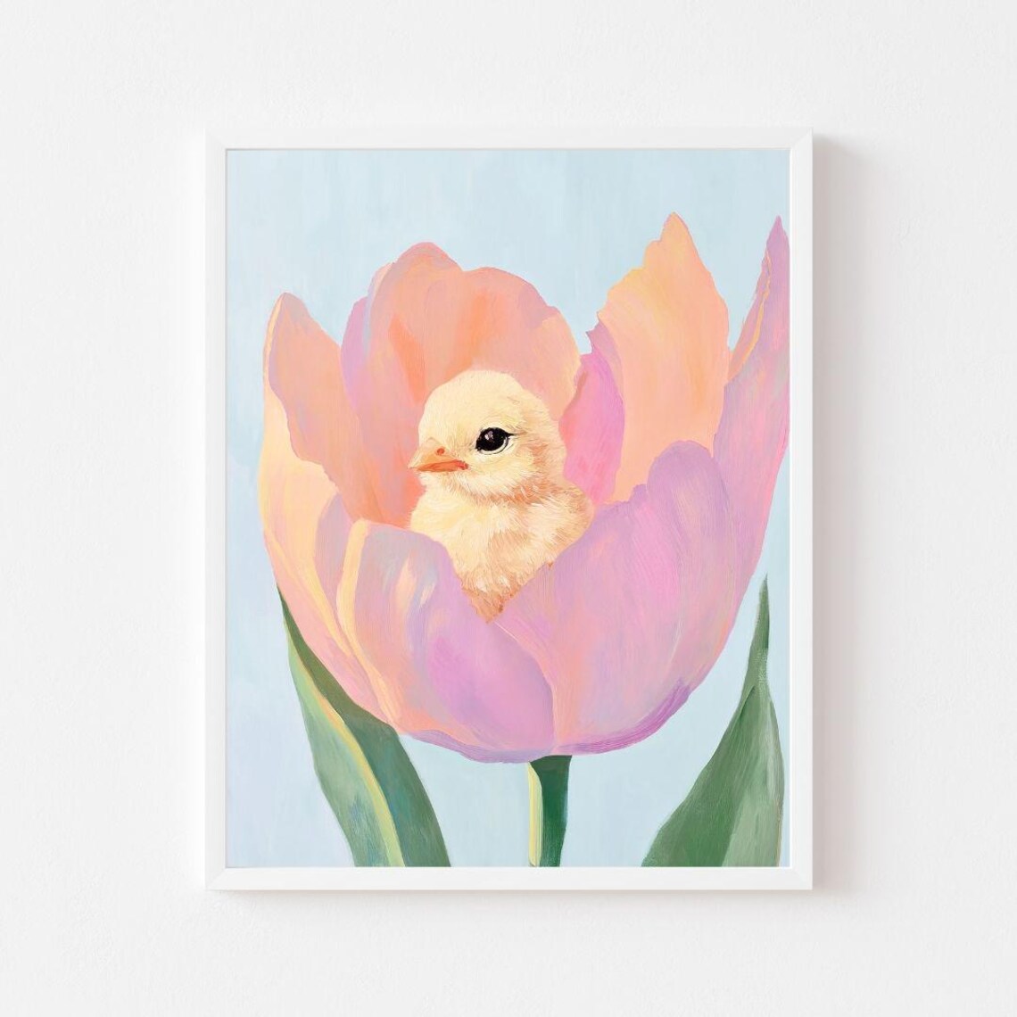 Baby Chick in a Pink Tulip, Easter Nursery Art Print