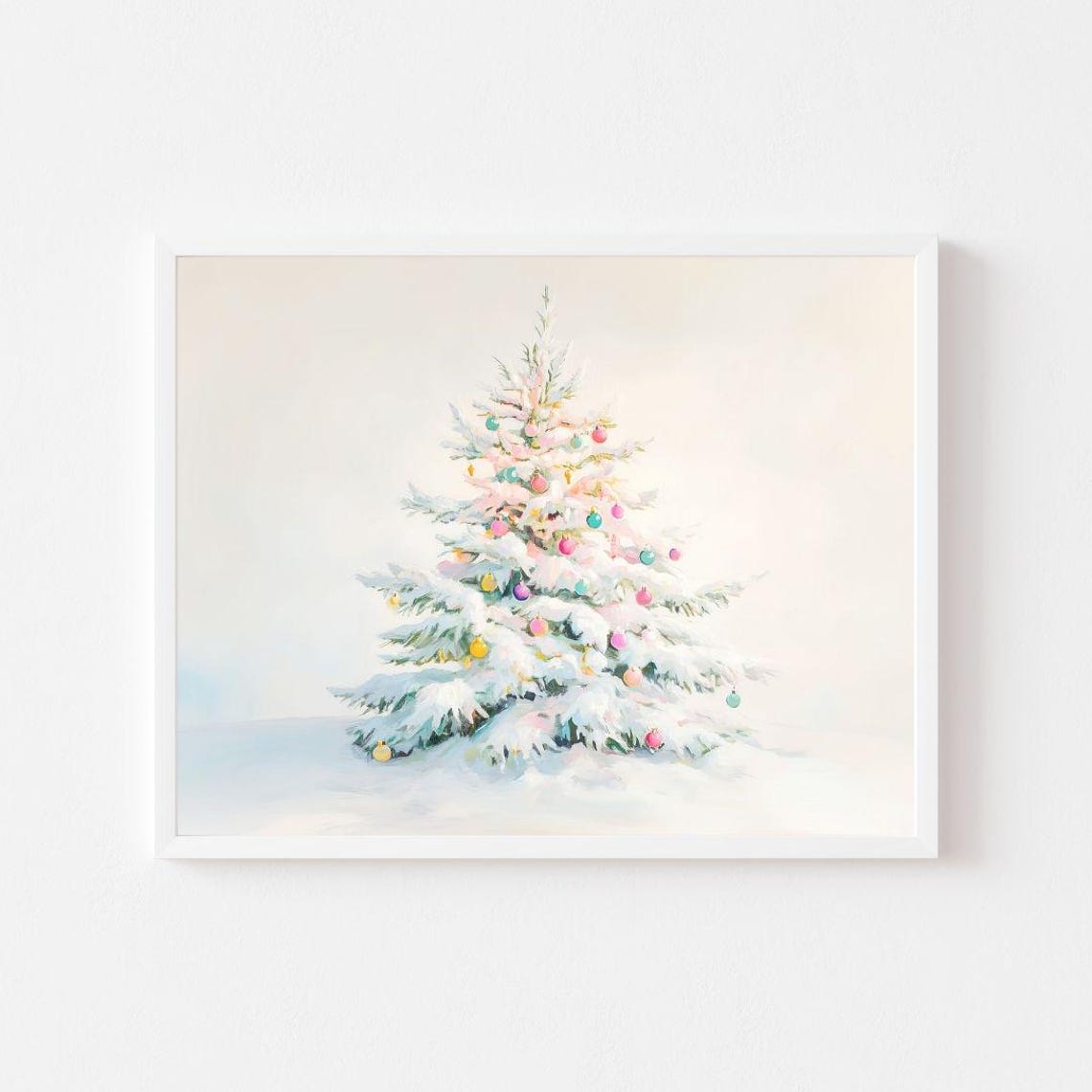 Snowy Christmas Tree With Pastel Ornaments in Winter Season Poster