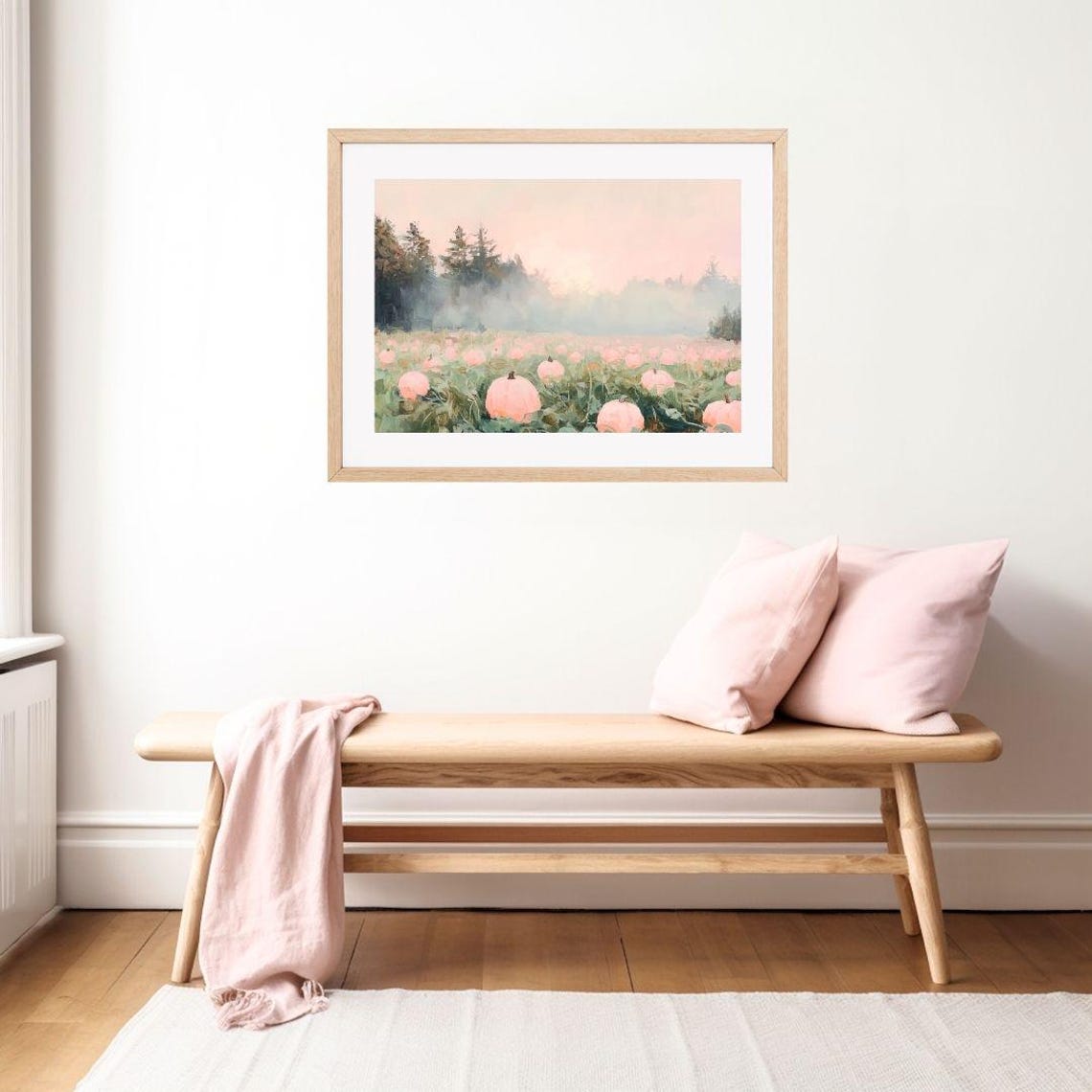Foggy Pink Pumpkin Patch Autumn Field Misty Fall Harvest Art Poster - Image 2