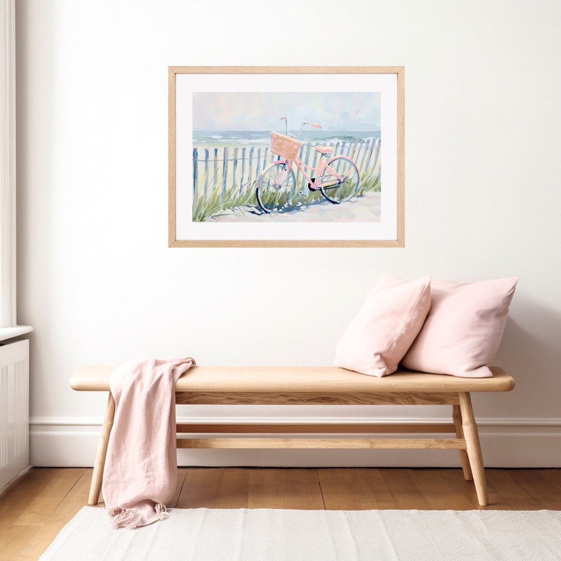 Pink Beach Cruiser, Coastal Bicycle Summer Art Print - Image 2