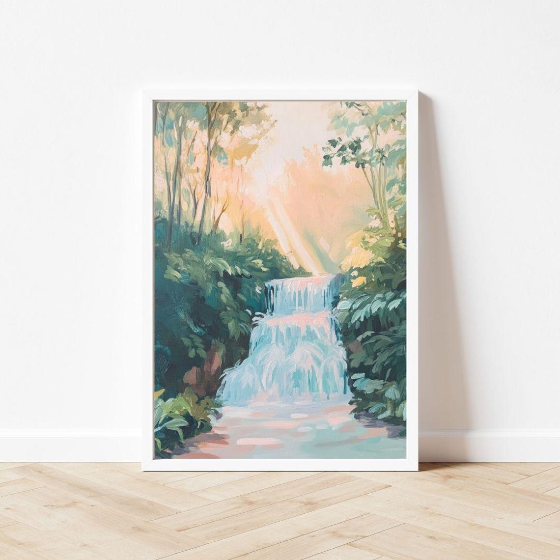 Forest Waterfall With a Bright Sunbeam in Lush Green Woods Poster - Image 3