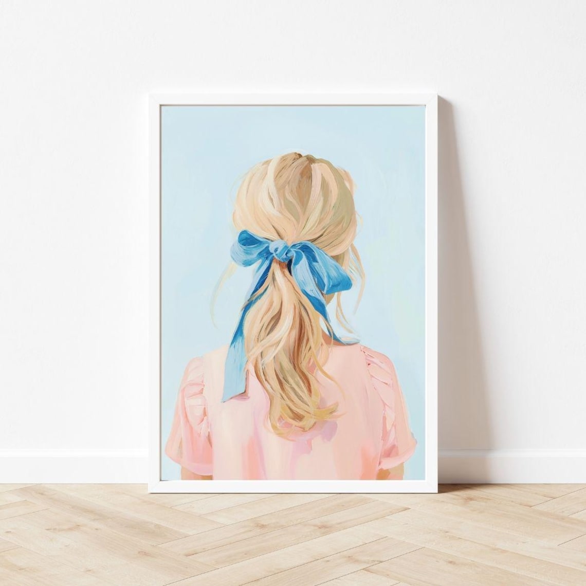 Blonde Girl With Blue Ribbon Bow in Hair Pastel Portrait Poster - Image 3