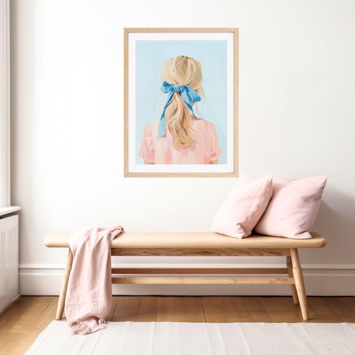 Blonde Girl With Blue Ribbon Bow in Hair Pastel Portrait Poster - Image 2
