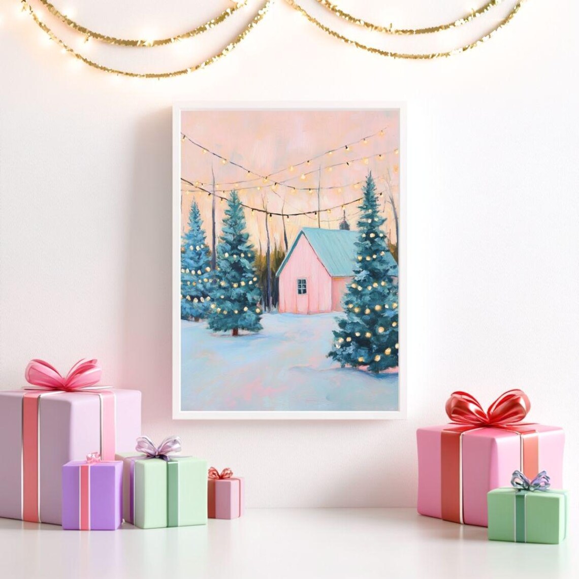 Pink Christmas Tree Farm, Pastel Winter Art Print - Image 2