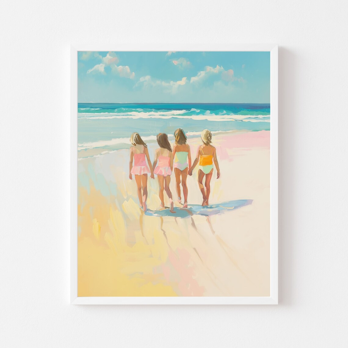 Four Girls Walking To The Ocean On A Sunny Summer Beach Poster