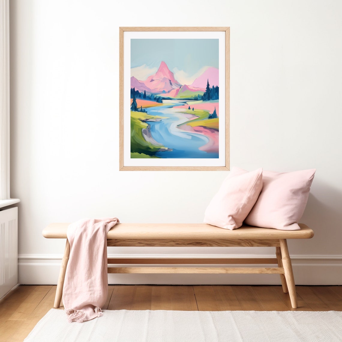 Pink Mountains Blue River Colorful Abstract Landscape Meadow Poster - Image 3