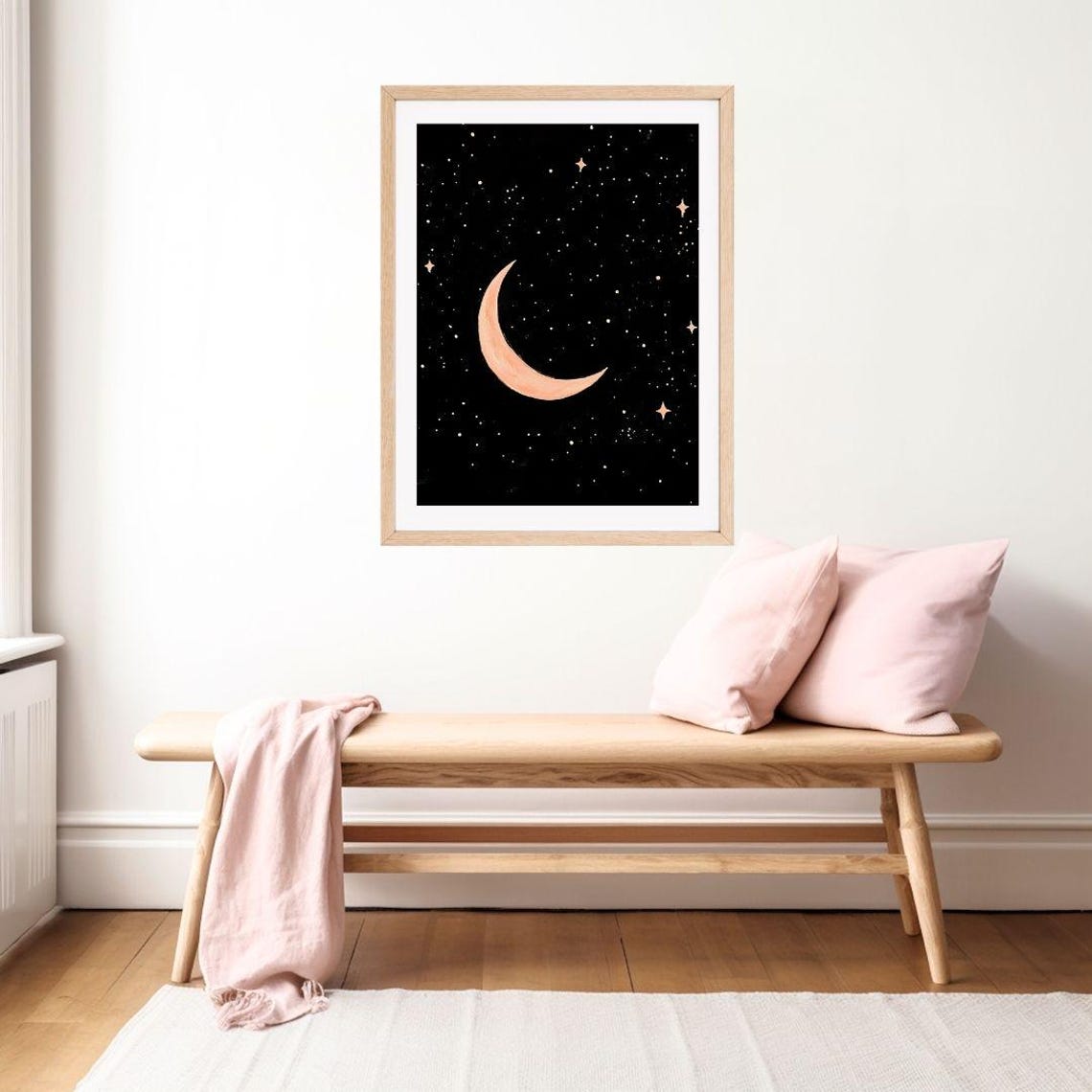 Pink Crescent Moon And Stars On A Black Starry Night Sky Poster - Image 2