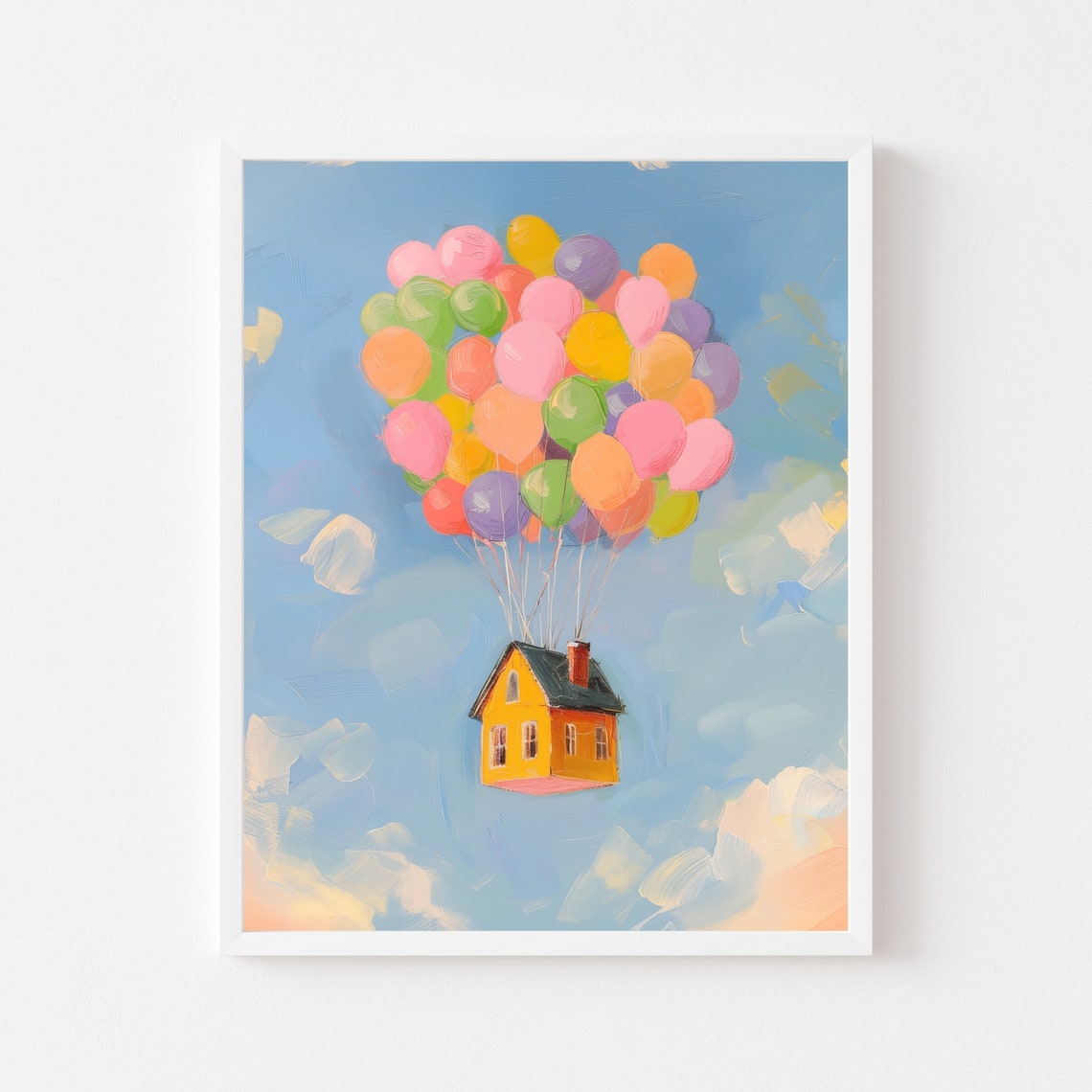 Yellow House Floating on Colorful Balloons Whimsical Sky Poster