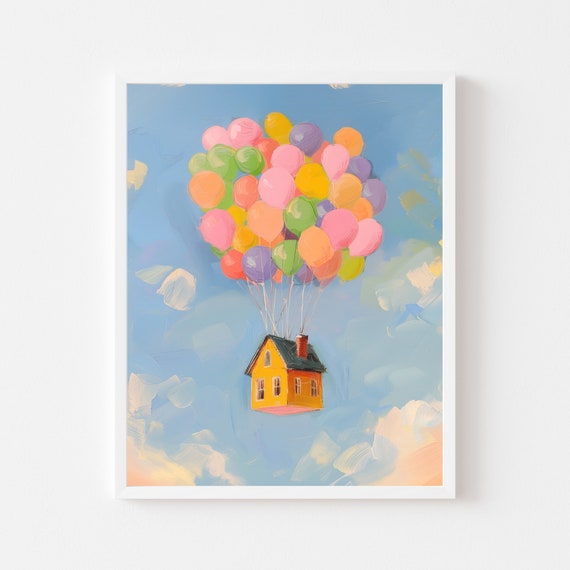 Yellow House Balloons Painting Up In The Clouds Art Print Whimsical Colorful Kids Room Playroom Nursery