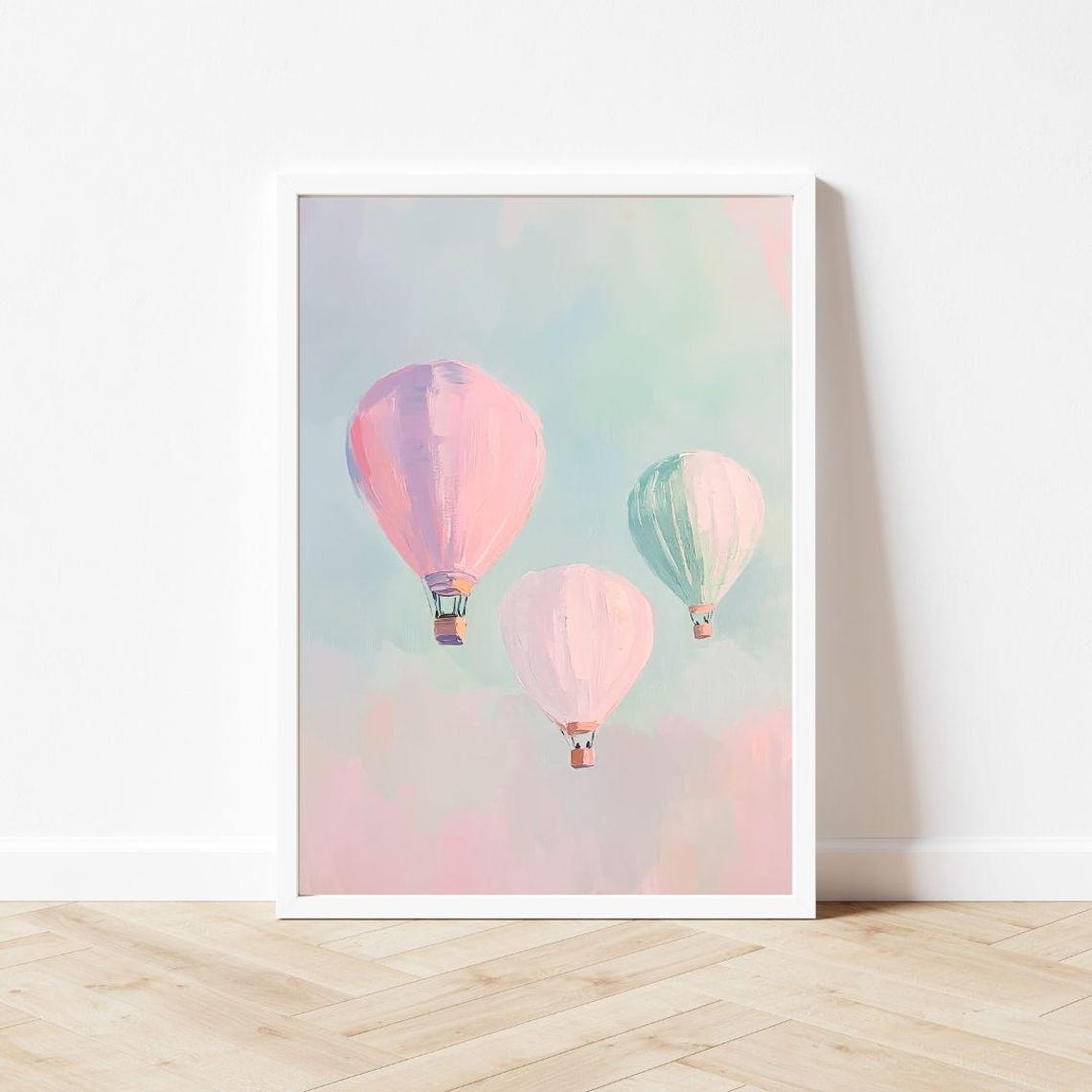 Pastel Hot Air Balloons Painting Colorful Girls Room Wall Art Print Pink Whimsical Playroom Girly Sunset - Image 3