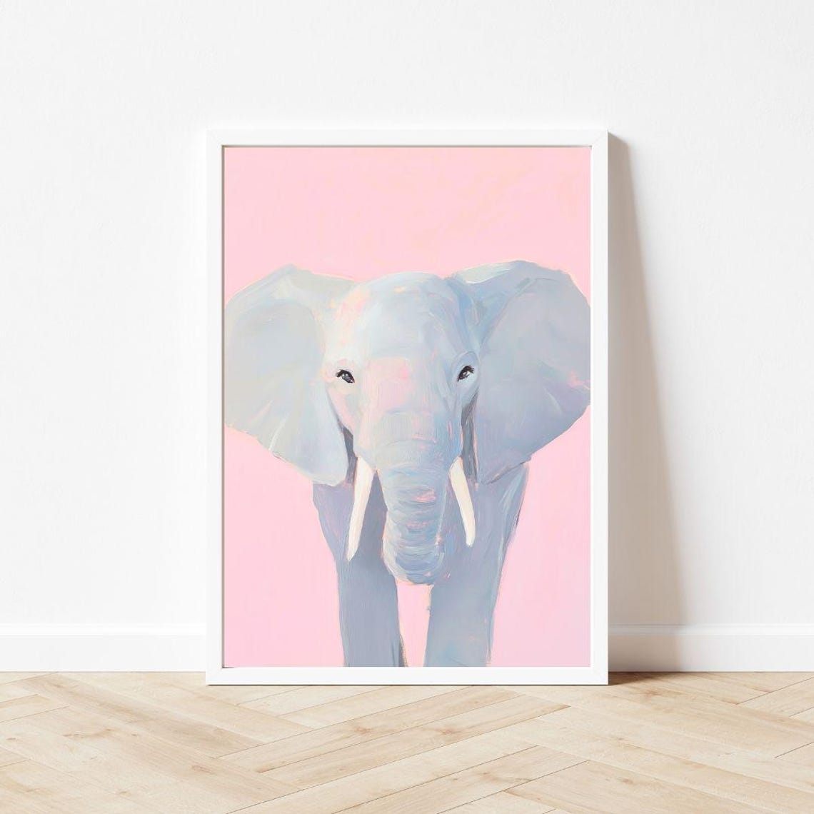 Pastel Blue Elephant Face Soft Pink Background Nursery Poster - Image 3