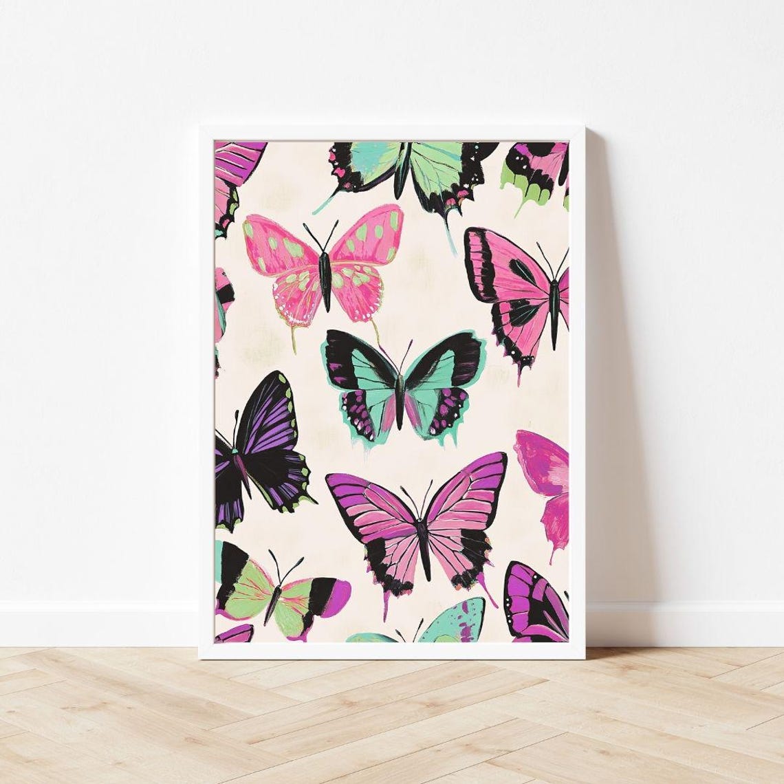Colorful Butterfly Pattern Painting Vibrant Insect Wall Art Print Neon Bug Pink Purple Green Girls Room - Image 3