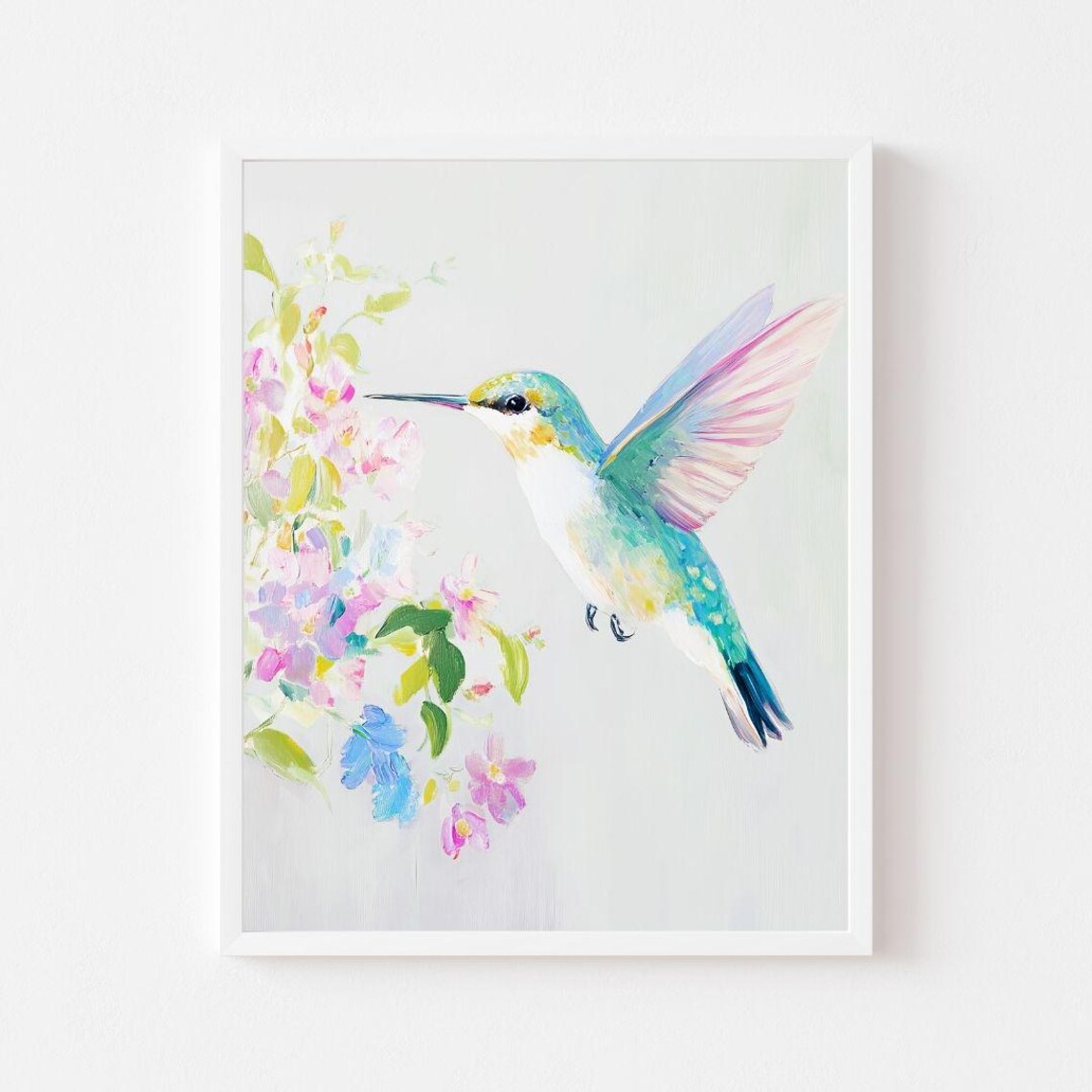 Hummingbird and Flowers Spring Watercolor Art Print