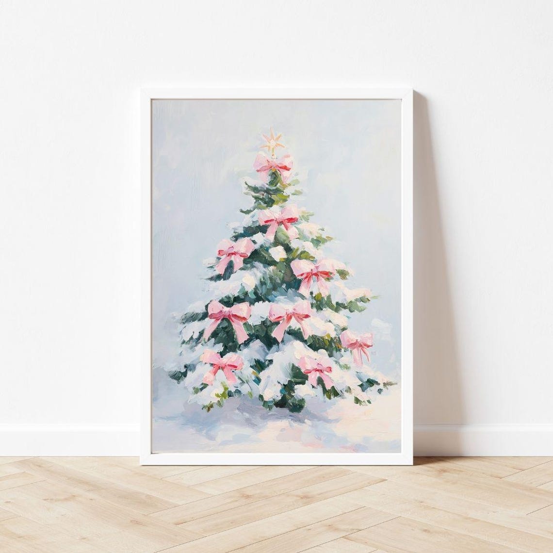 Snowy Christmas Tree With Pretty Pink Bows Holiday Modern Poster - Image 3
