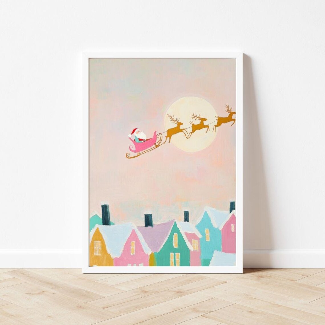 Santa Claus Flying Sleigh Pink Christmas Poster Print - Image 3