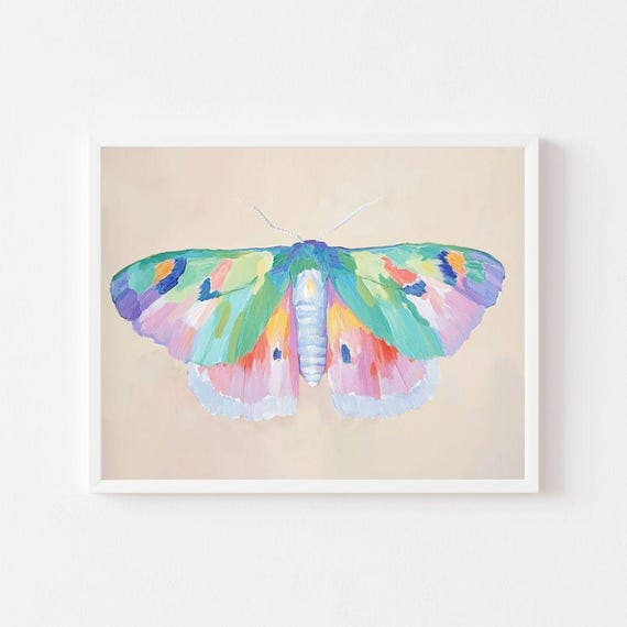Rainbow Moth Painting, Kids Room Animal Art Print