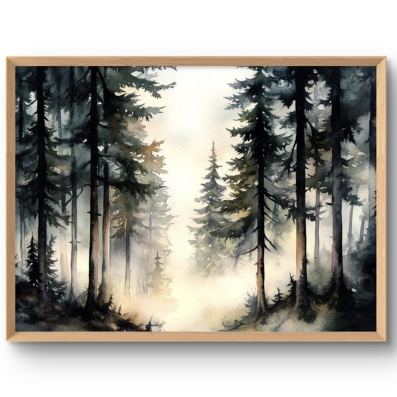 Foggy Trees Art Print Misty Forest Large Poster Landscape Painting Pine Wall Watercolor Style Calming Decor