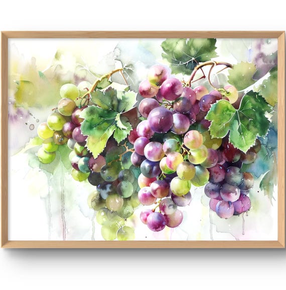 Grape Art Print Kitchen Wall Fruit Countryhouse Decor Purple Green Watercolor Style Poster