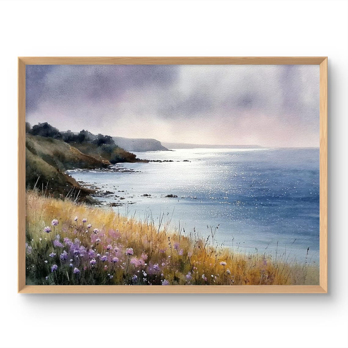 Misty Coastal Cliffs with Wildflowers Watercolor Seascape Print