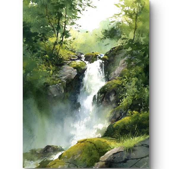 Forest Waterfall Watercolor Poster Mossy Rocks Lush Green Landscape Painting