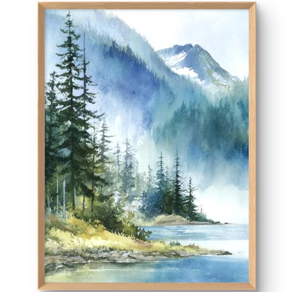 Pacific Northwest Forest Art Print Lake Mountains Landscape Wall Rustic Cabin Decor Nature Watercolor Style Large Poster