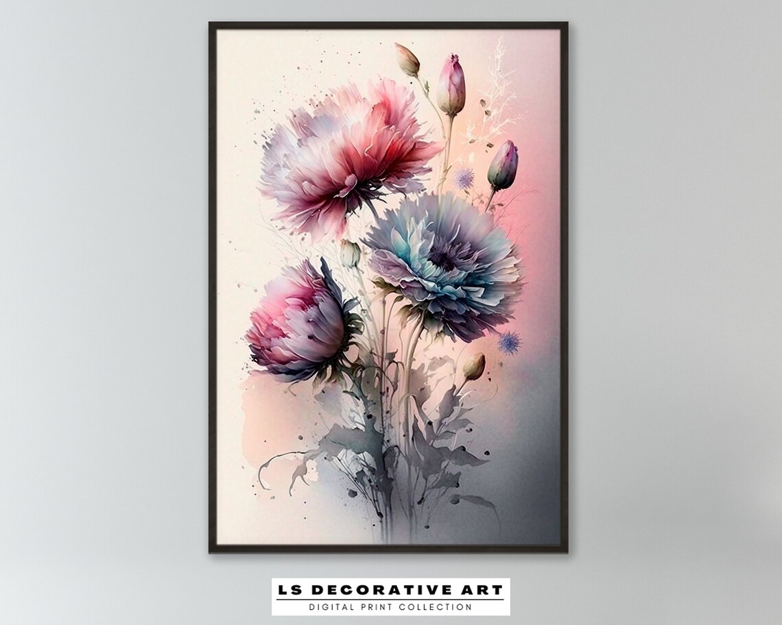 Pastel Peony Watercolor Bouquet In Pink Blue And Purple Poster