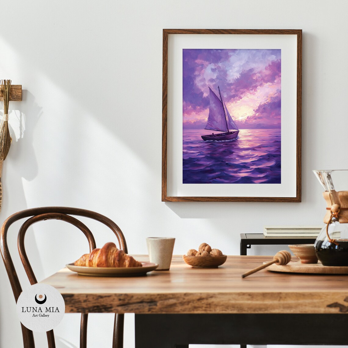 Lone Purple Sailboat Sailing Violet Sea at Sunset Art Poster - Image 4