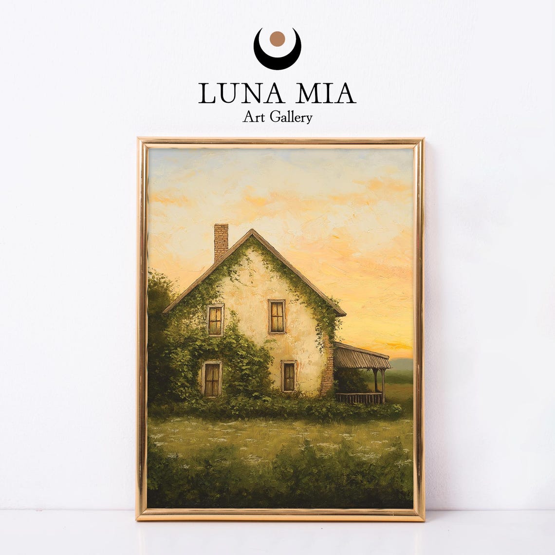 Tranquil Vintage Countryside At Dusk Oil Painting Nostalgic Sunset Art For Rustic Decor Textured Print Instant
