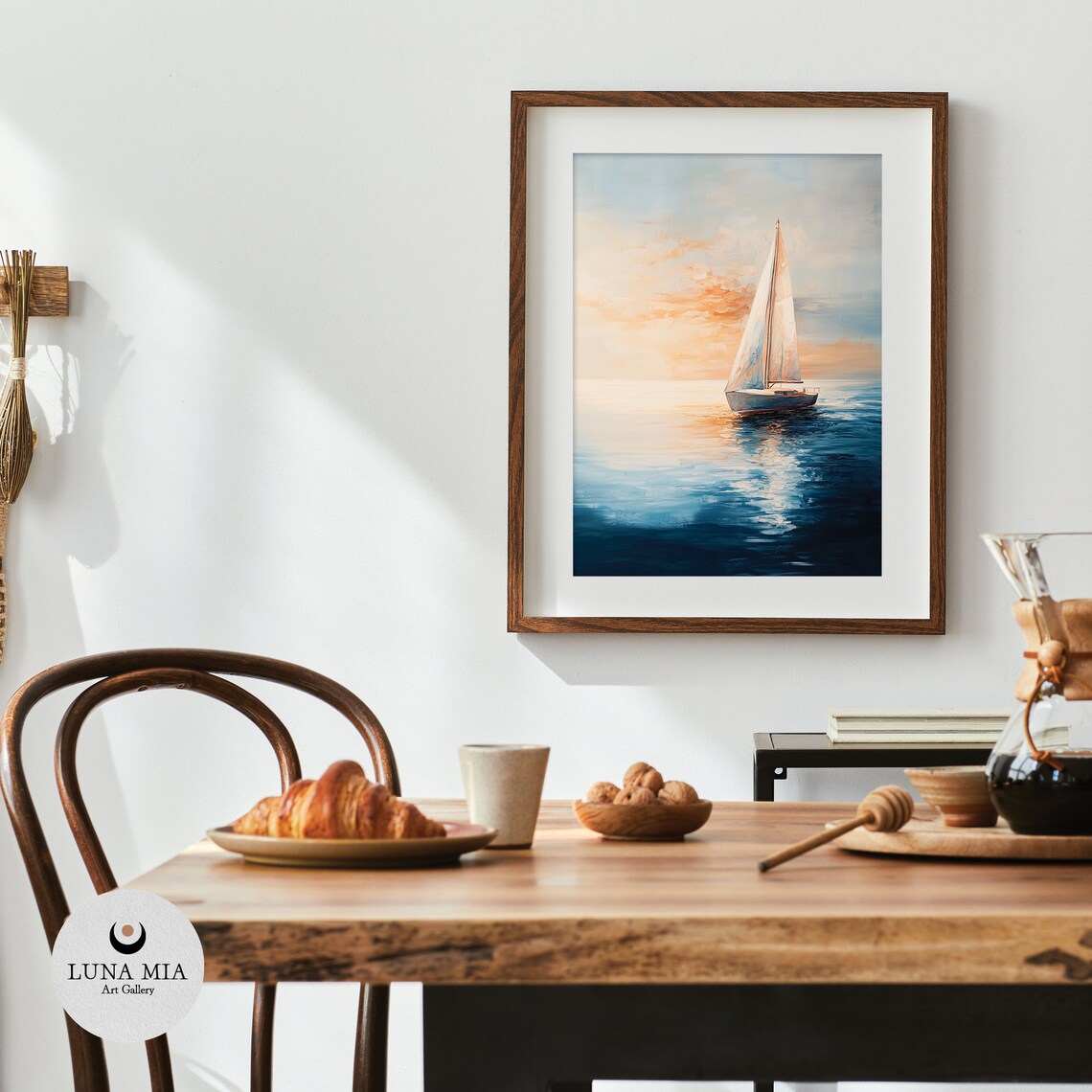 Sailboat Sunset Blue Sea Peach Sky Impressionist Oil Art Poster - Image 4