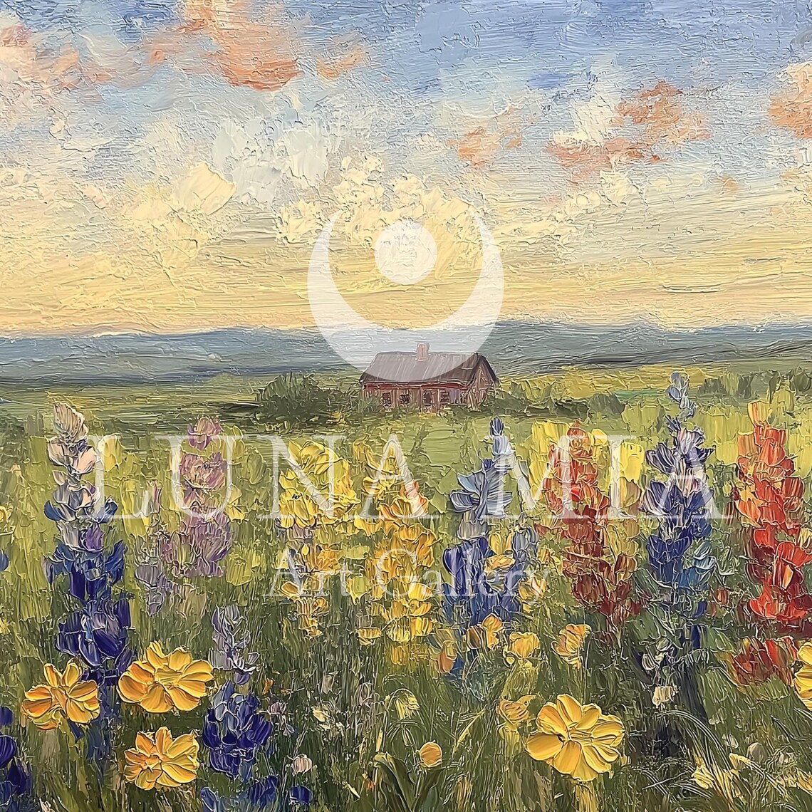 Tall Wildflowers In Blue Red And Yellow With Barn Under Sunrise Sky Poster - Image 5
