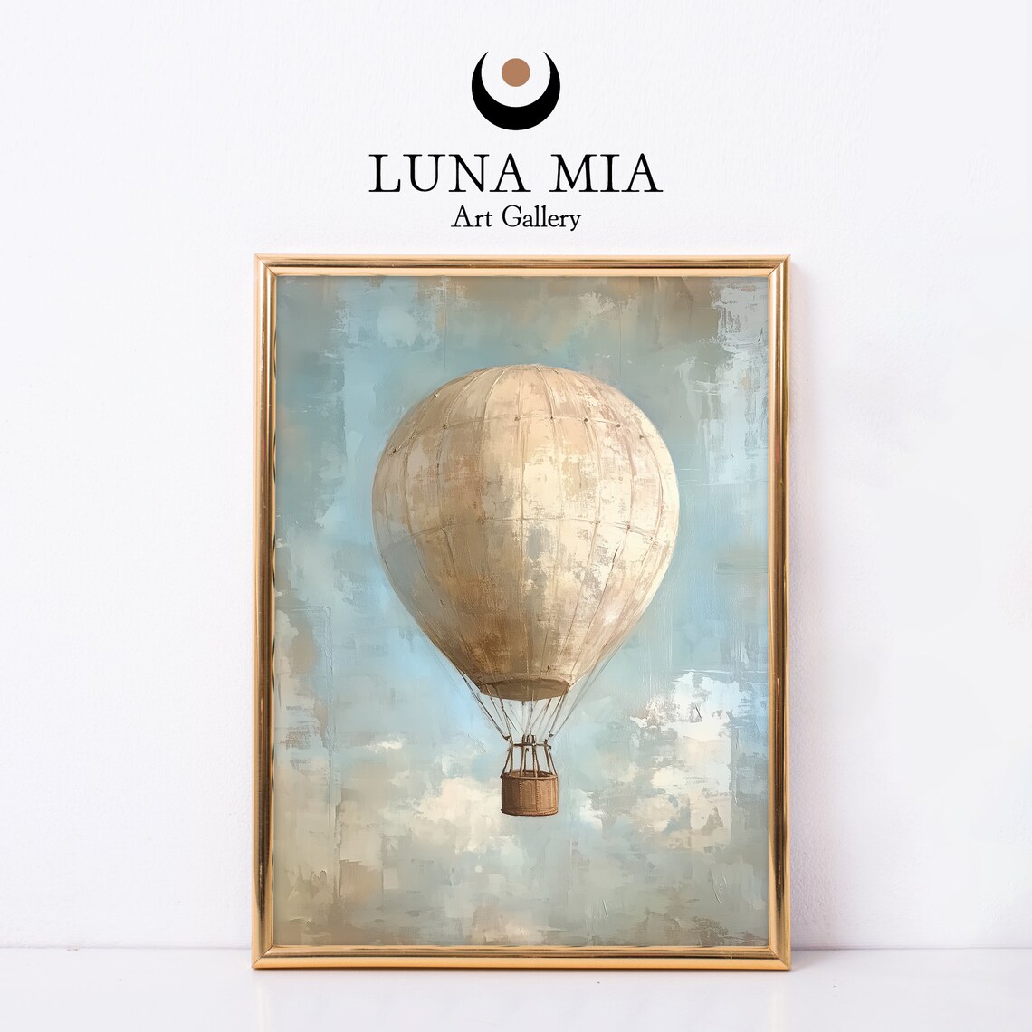 Vintage Cream Hot Air Balloon Retro Blue Sky Painting Poster